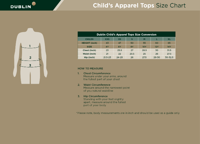 Sizing Chart for Dublin Hanna Mesh Tailored Girls Jacket II