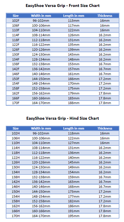 Sizing Chart for EasyShoe Versa Grip Light