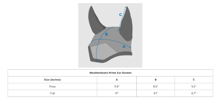 Sizing Chart for Weatherbeeta Prime Marble Ear Bonnet