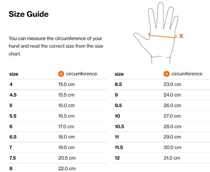Sizing Chart for Uvex Sumair Riding Gloves
