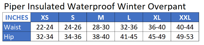 Sizing Chart for Piper Insulated Waterproof Winter Overpant