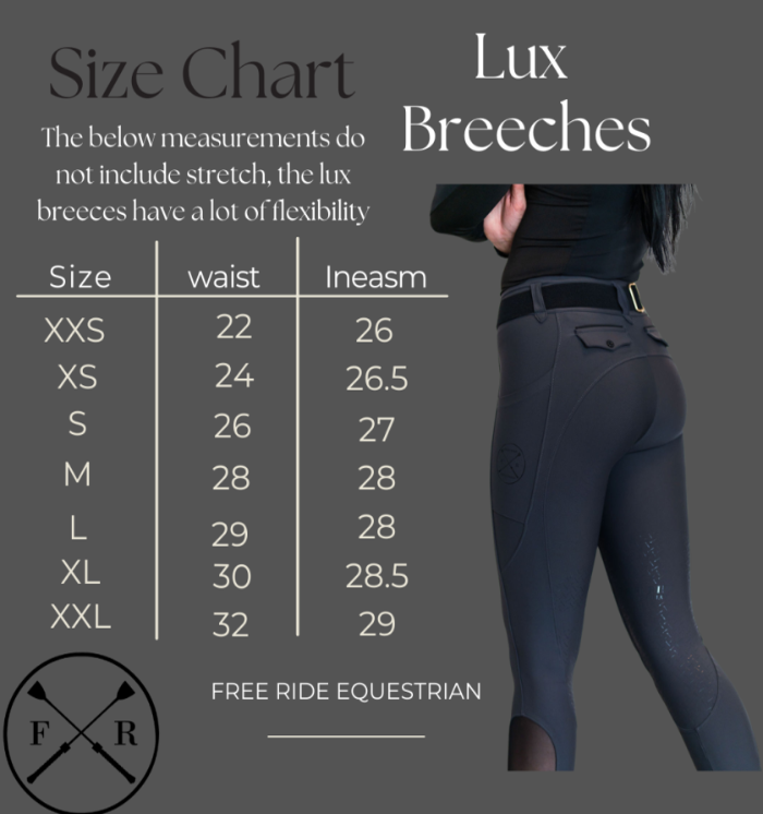 Sizing Chart for Free Ride Equestrian Lux Zip Front Full Seat Breech