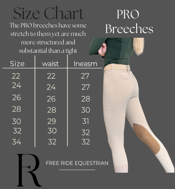 Sizing Chart for Free Ride Equestrian Pro Zip Front Knee Patch Breech