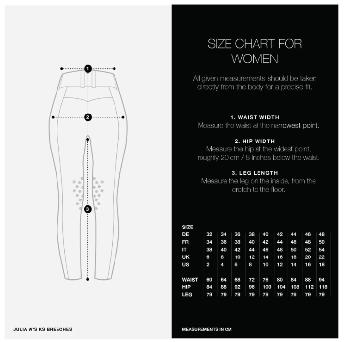Sizing Chart for Back on Track Julia Full Seat Breeches