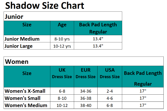 Sizing Chart for Airowear Shadow Back Protector
