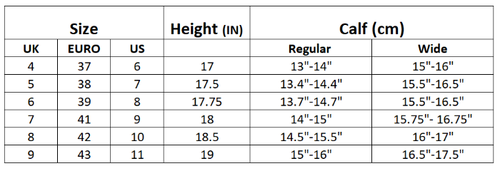 Sizing Chart for Moretta Jovanne Country Boots
