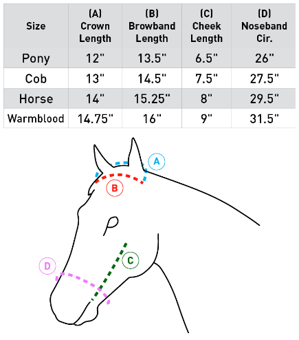 Sizing Chart for Horze Classic Dressage Ergonomic Bridle with Curved Browband