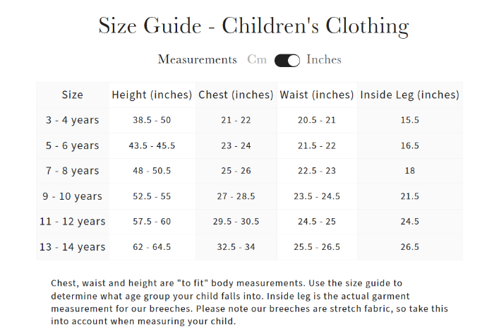 Sizing Chart for LeMieux Young Rider Pull On Breech 