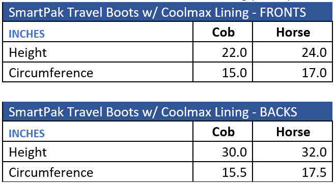 Sizing Chart for SmartPak Travel Boots with COOLMAX&reg; Lining - Set of 4
