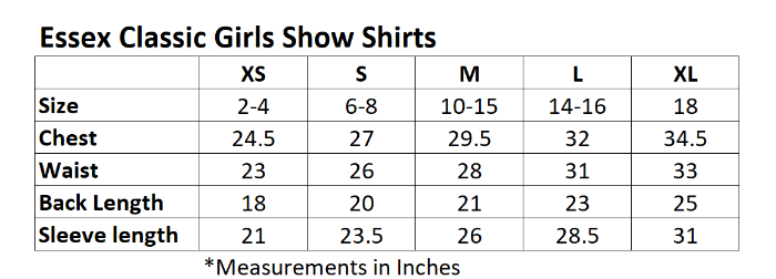Sizing Chart for Essex Classic Luna Performance Hunter Girls Long Sleeve Show Shirt