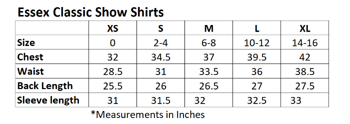 Sizing Chart for Essex Classic Dusk Jumper Performance Long Sleeve Show Shirt