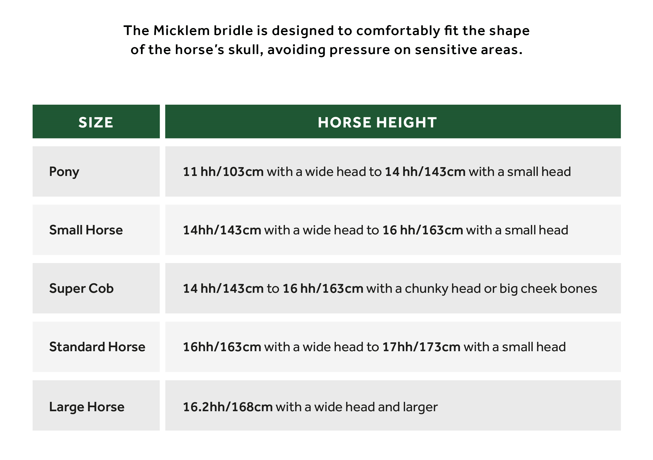 Sizing Chart for Horseware Micklem&reg; 2 Diamante Competition Bridle
