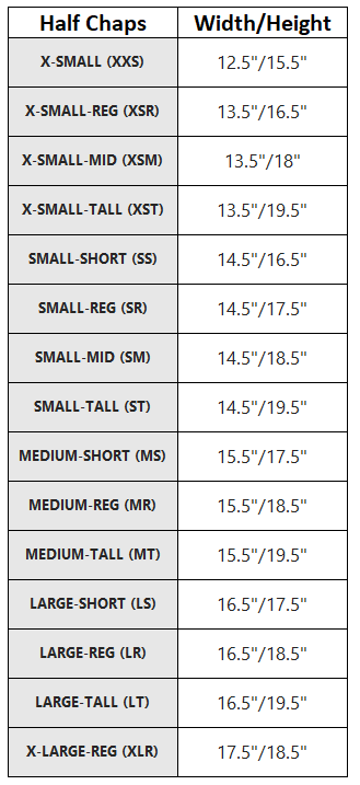 Sizing Chart for Ariat Heritage Contour Half Chaps