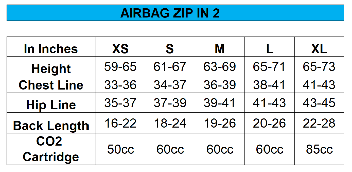 Sizing Chart for Helite Protective Air Vest Zip'In 2