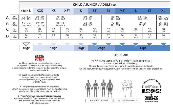 Sizing Chart for FreeJump&reg; X'Air Safe Protective Vest