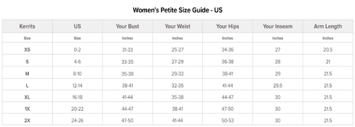 Sizing Chart for Kerrits Petite Crossover II Knee Patch Breech