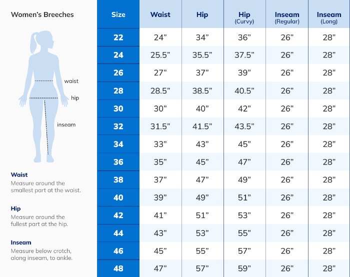 Sizing Chart for Hadley Bling Breeches by SmartPak- Knee Patch