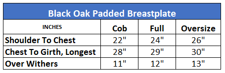 Sizing Chart for Black Oak Padded Breastplate