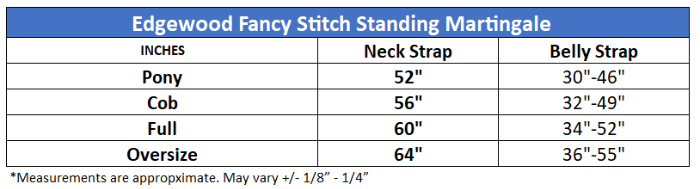 Sizing Chart for Edgewood Fancy Stitch Standing Martingale