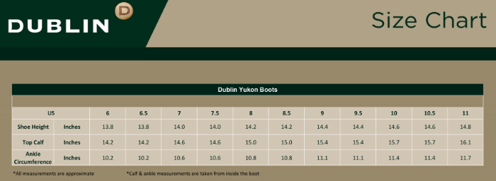 Sizing Chart for Dublin Yukon Winter Boot 