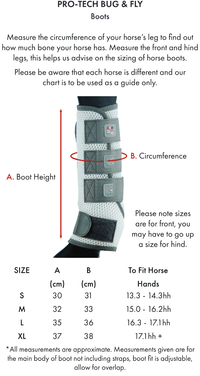 Sizing Chart for Premier Equine Pro-Tech Fly Boots