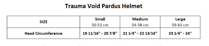 Sizing Chart for Trauma Void Pardus Smooth Shell Helmet