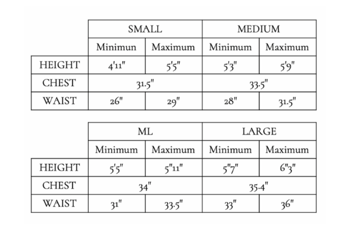 Sizing Chart for Hit Air&reg; Advantage H2 Airbag Vest