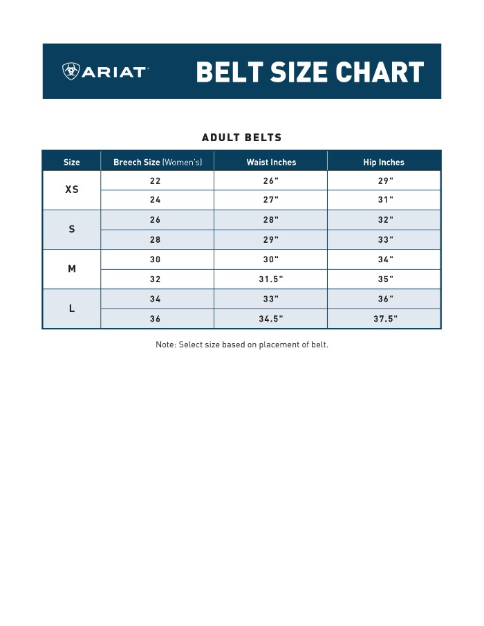 Sizing Chart for Ariat Shield Reversible Belt
