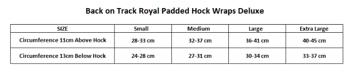 Sizing Chart for Back on Track Royal Padded Hock Wraps Deluxe