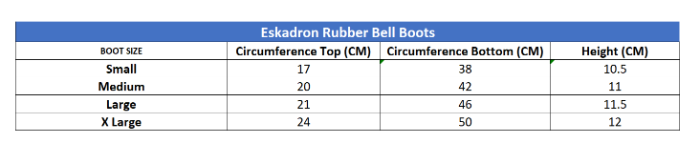 Sizing Chart for Eskadron Rubber Bell Boots