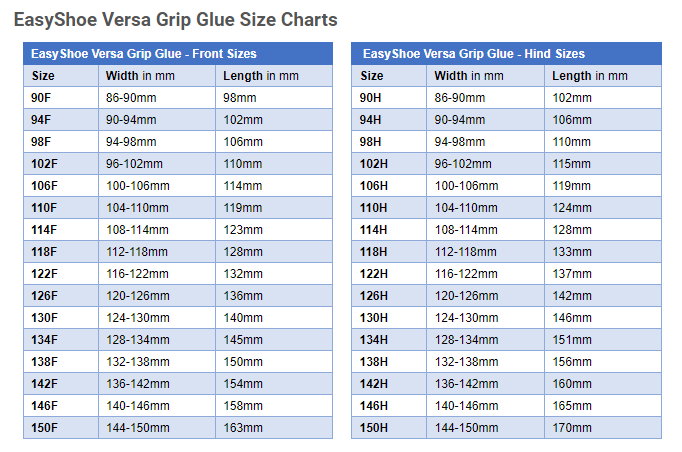 Sizing Chart for EasyShoe Versa Grip Glue On Shoe