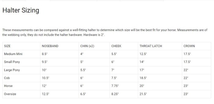 Sizing Chart for ThinLine Flexible Filly Breakaway Halter