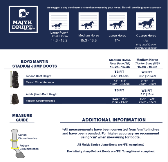 Sizing Chart for Majyk Equipe Boyd Martin Open Front Jump Boot with ARTi-LAGE Technology