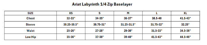 Sizing Chart for Ariat Labyrinth 1/4 Zip Baselayer