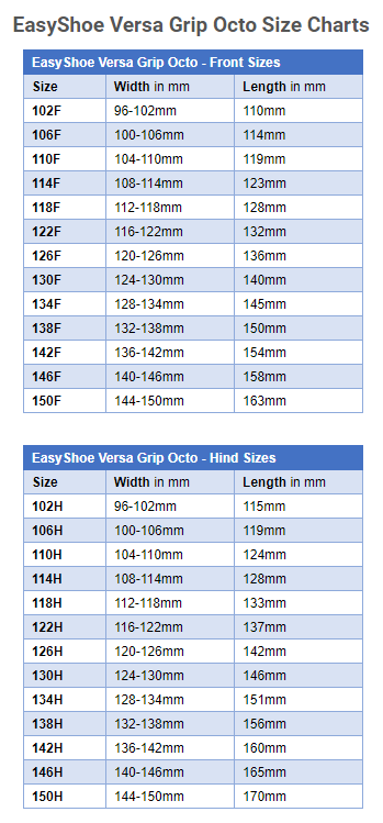 Sizing Chart for EasyShoe Versa Grip Octo Glue On Shoe