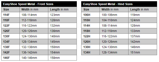 Sizing Chart for EasyShoe Speed Metal Glue On Shoe