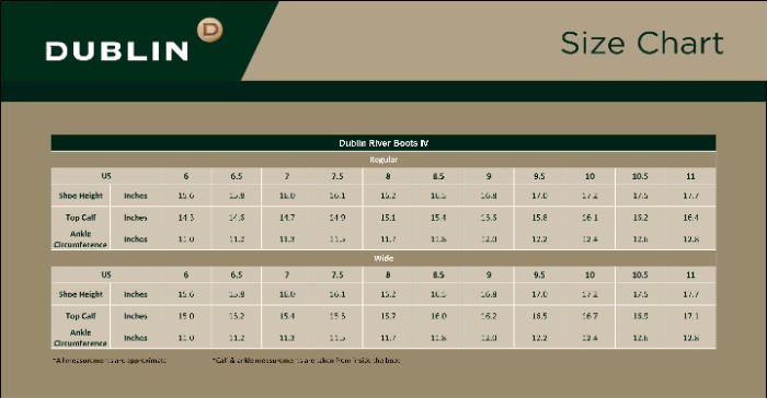 Sizing Chart for Dublin Wide Calf River Boot IV