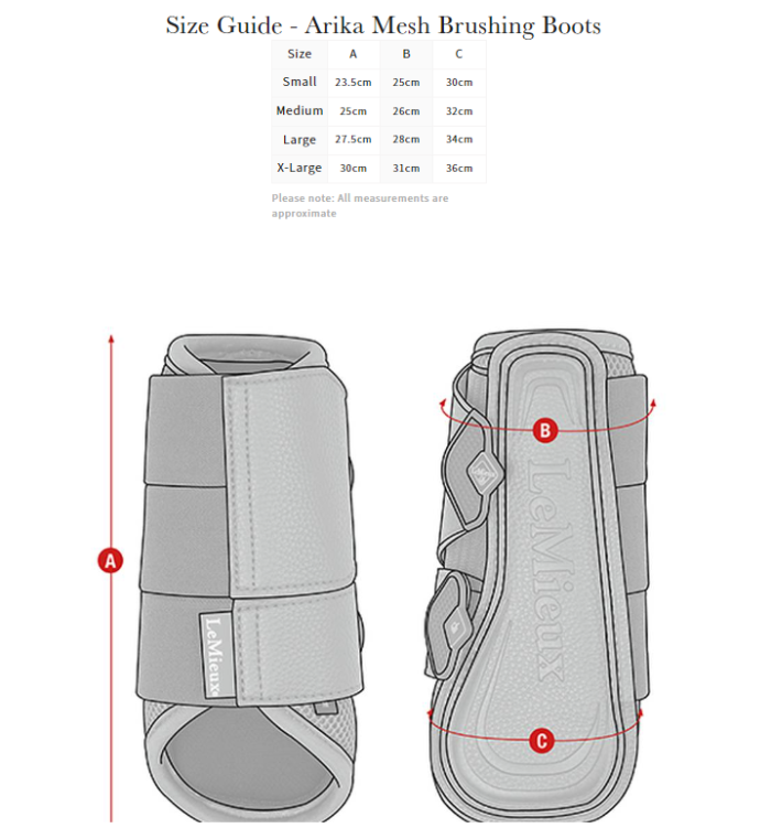 Sizing Chart for LeMieux Arika Mesh Brushing Boots