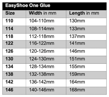 Sizing Chart for EasyShoe One Glue On Shoe