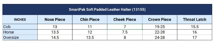 Sizing Chart for SmartPak Soft Padded Leather Halter