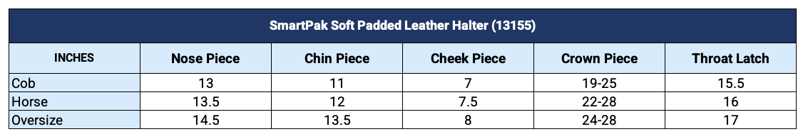 Sizing Chart for SmartPak Soft Padded Leather Halter