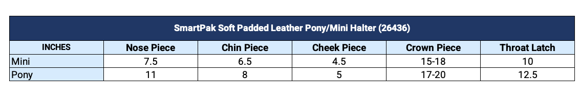 Sizing Chart for SmartPak Soft Padded Leather Pony/Mini Halter