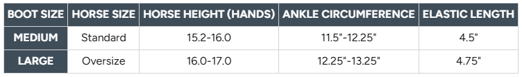 Sizing Chart for EquiFit Prolete Hind Boot with Elastic Straps