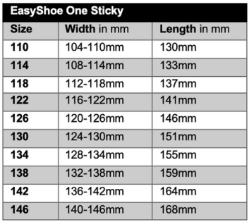 Sizing Chart for EasyShoe One Sticky Glue On Shoe