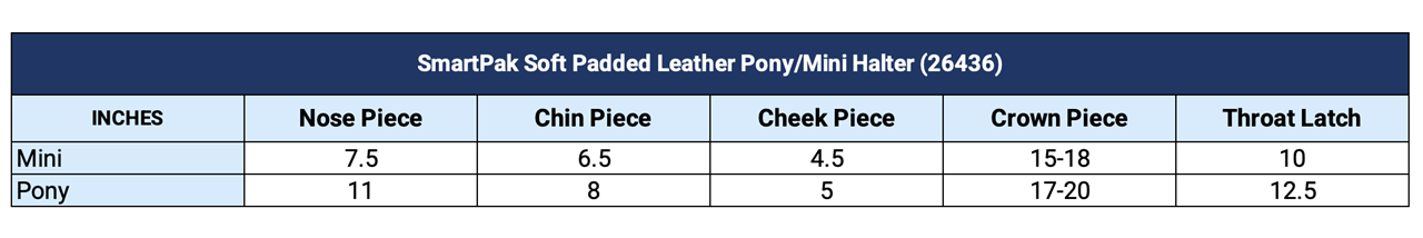 Sizing Chart for SmartPak Soft Padded Leather Pony/Mini Halter