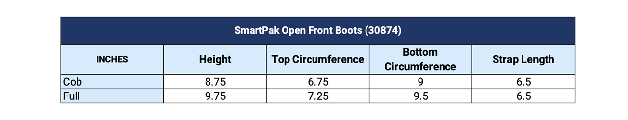 Sizing Chart for SmartPak Open Front Boots
