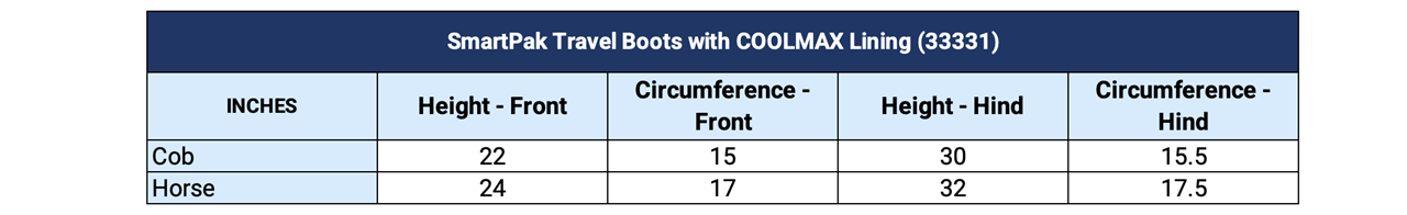 Sizing Chart for SmartPak Travel Boots with COOLMAX&reg; Lining - Set of 4