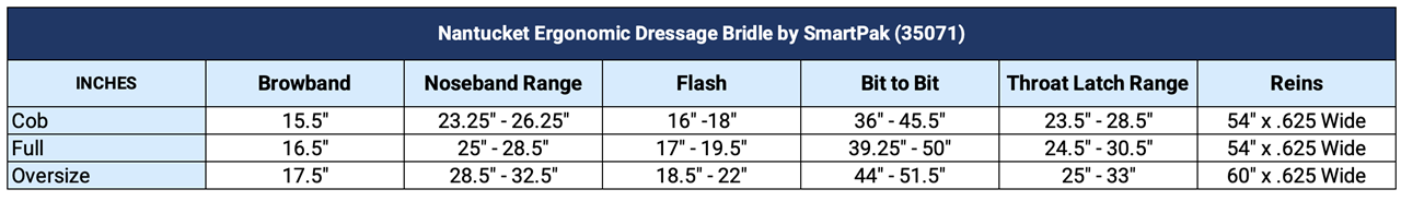 Sizing Chart for Nantucket Ergonomic Dressage Bridle by SmartPak