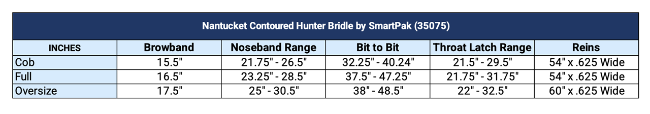 Sizing Chart for Nantucket Contoured Hunter Bridle by SmartPak