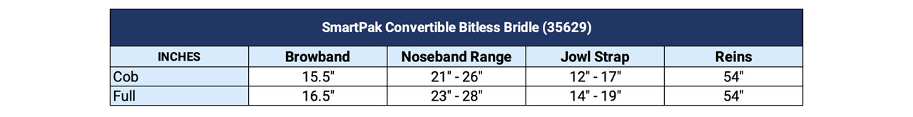 Sizing Chart for SmartPak Convertible Bitless Bridle